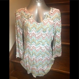 Christine V White Rain Chevron Peasant Top, Size M